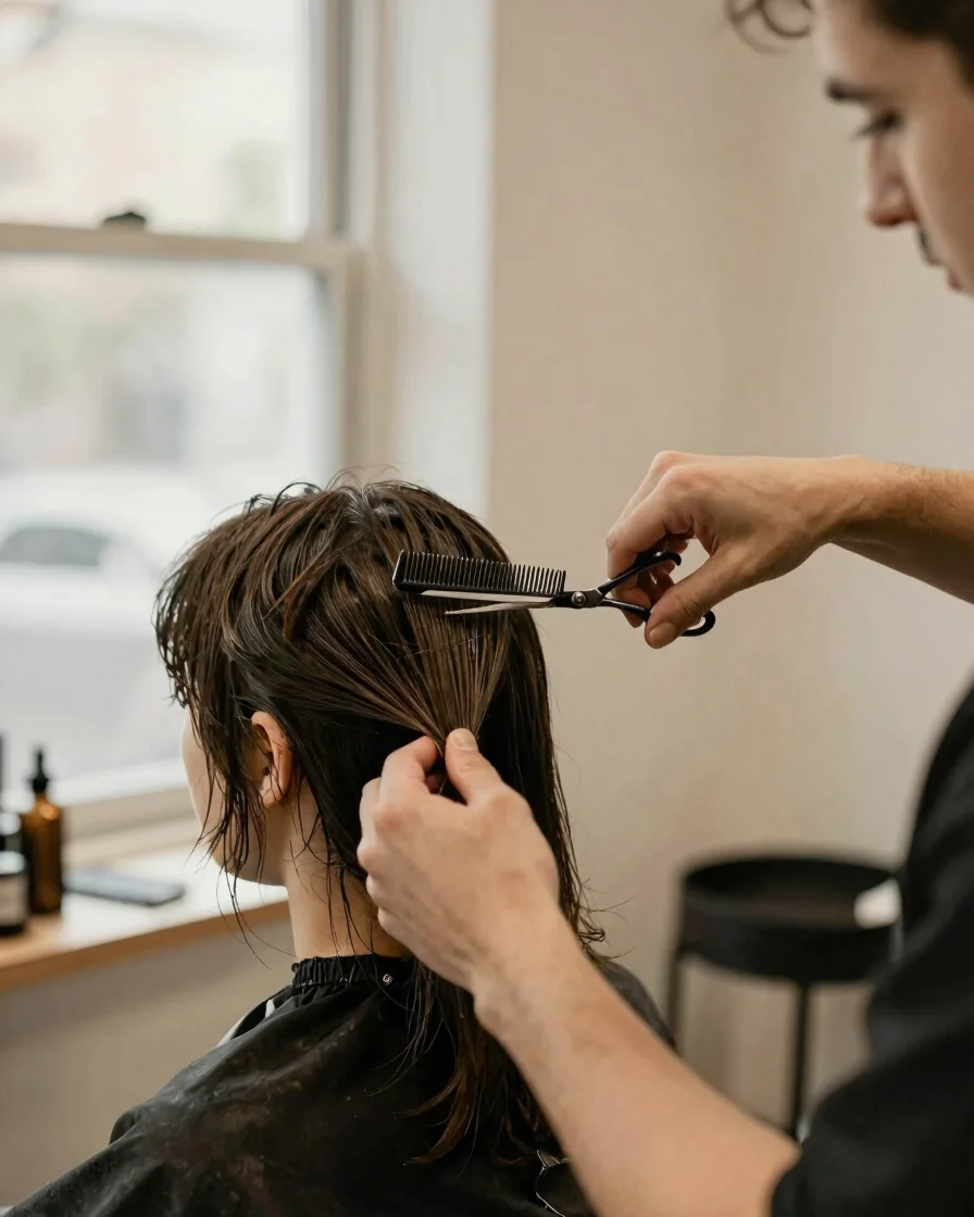 Editorial salon photography, soft window daylight, a stylist's hands working through a client's hair with a comb and sci