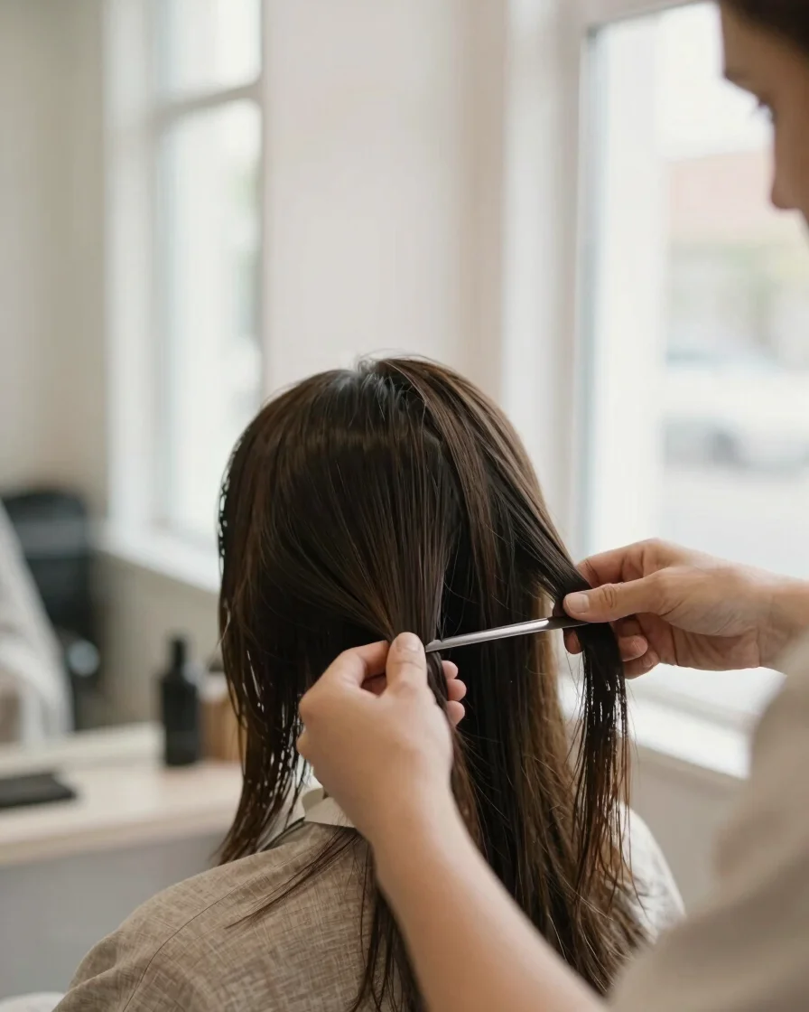 Editorial salon photograph: a stylist's hands mid-cut on a client's hair beside a window, soft even daylight, warm neutr